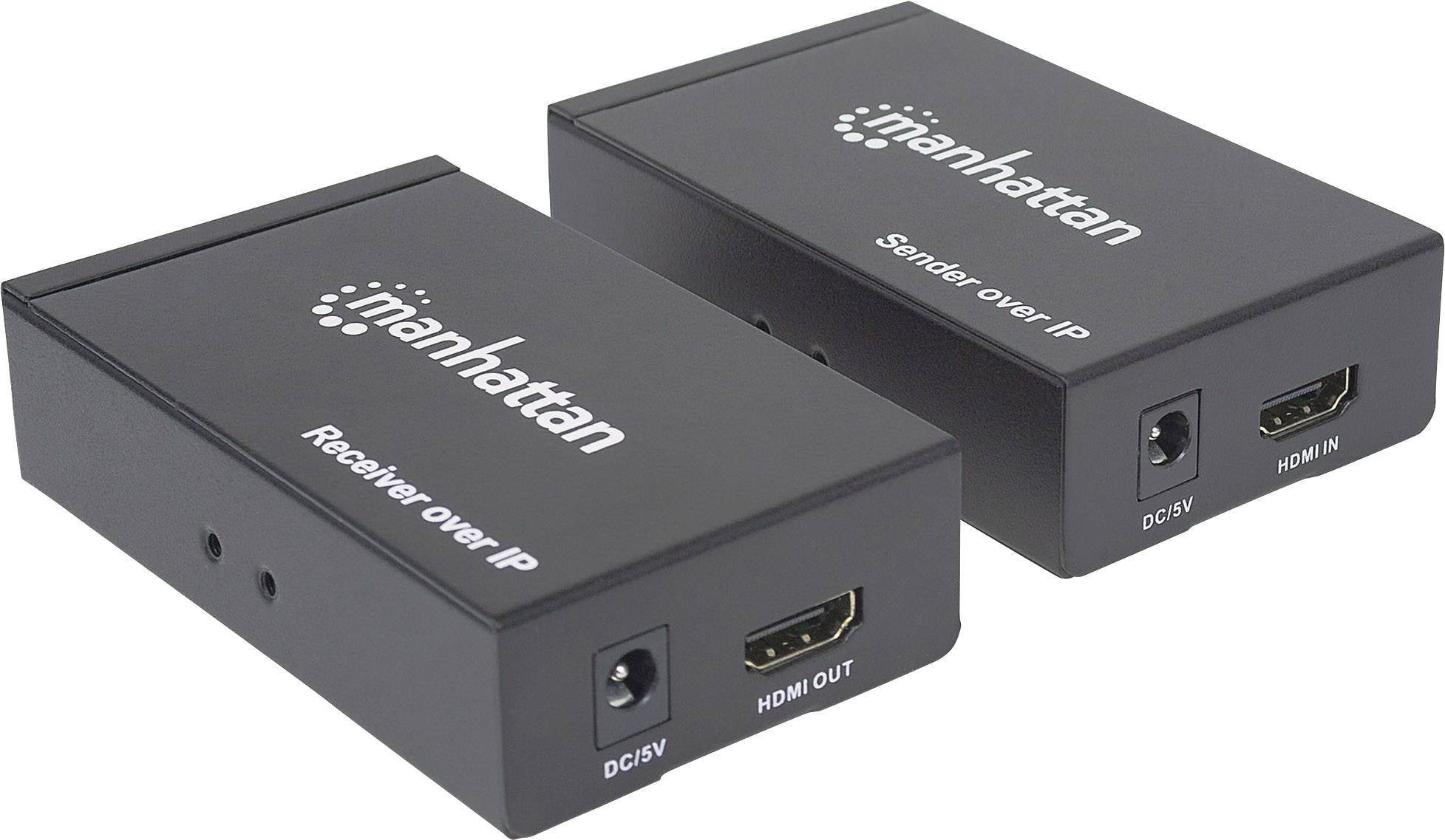 Zwei schwarze HDMI-over-IP-Geräte, ein Sender und ein Empfänger, mit HDMI-Anschlüssen und Stromversorgungsbuchsen, Marke 'Manhattan'.