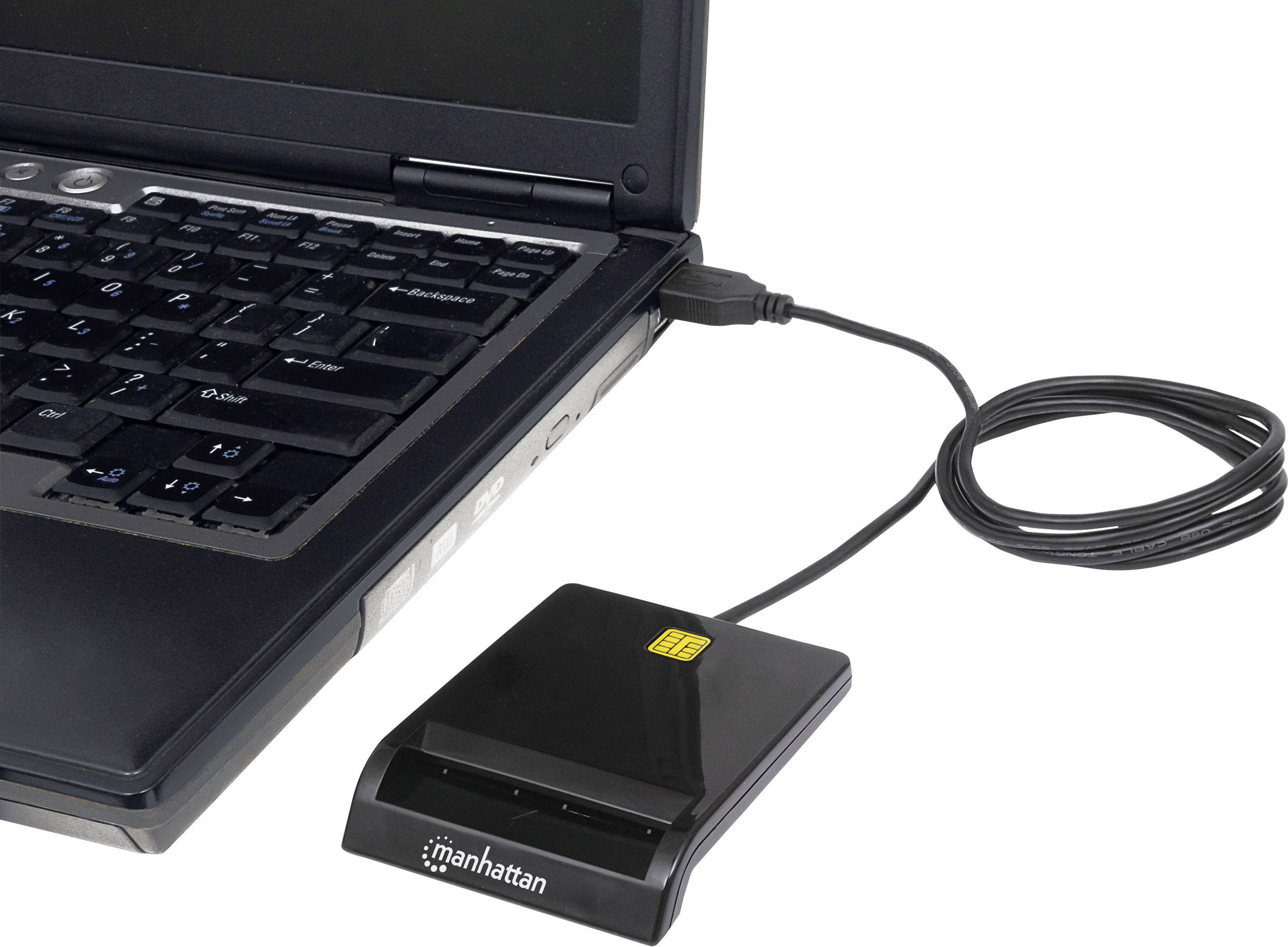 Ein Laptop mit einer USB-Verbindung zu einem externen Kartenlesegerät.