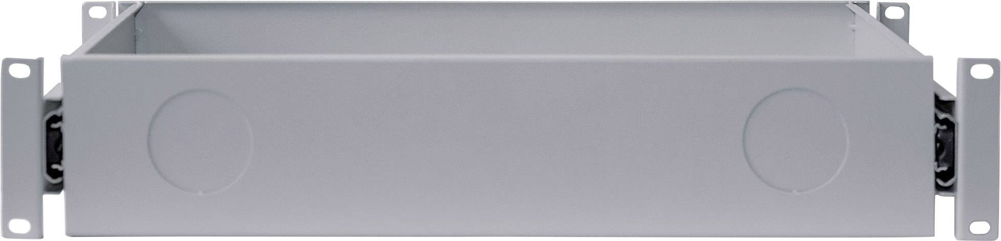 Graue Schublade oder Kasten mit runden Öffnungen an der Vorderseite, geeignet für den Einbau in ein Regalsystem oder einen Schrank.
