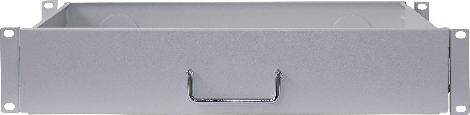 Grau lackierte Metallschublade mit Griff, passend für 19-Zoll-Rackmontage, Vorderansicht.