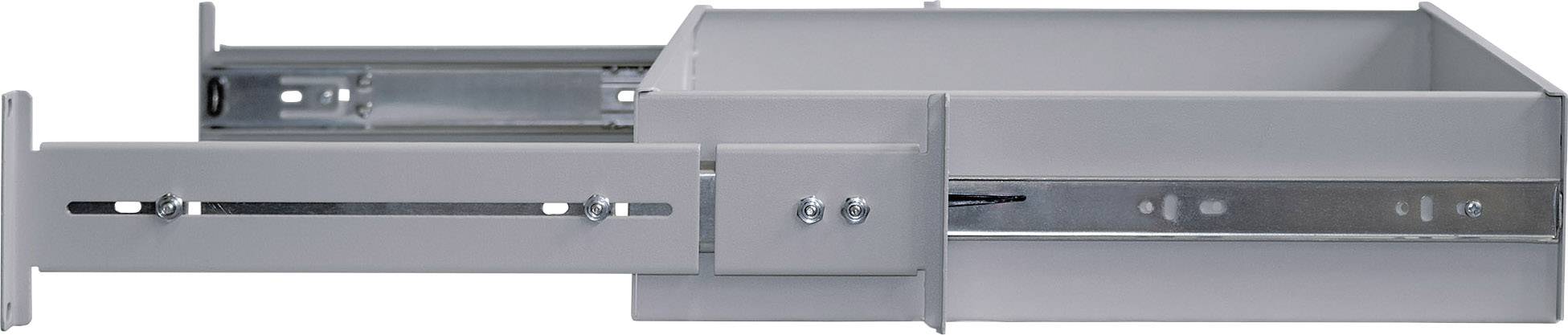 Graue Schublade mit Schienenmechanismus zur Befestigung, zeigt Seitenansicht mit Erweiterungsfunktion.