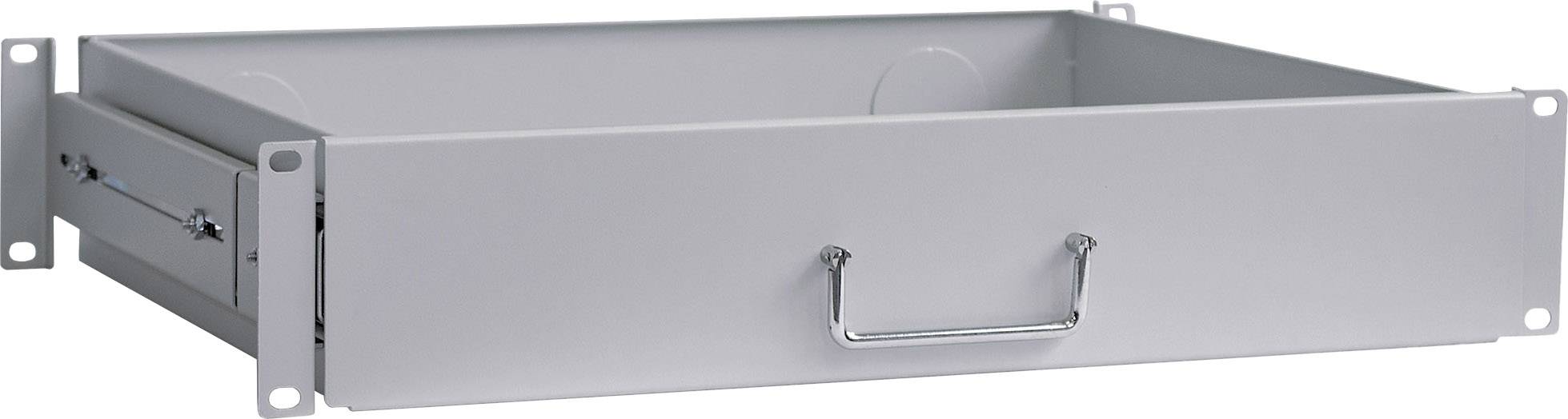 Metallschublade für Rackmontage mit Griff auf der Vorderseite, geeignet zur Aufbewahrung von Geräten oder Zubehör in Serverumgebungen.