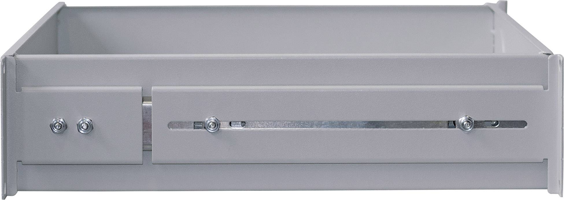 Eine graue, quadratische Metallschublade, die flach liegt. Sie enthält sichtbare Schrauben und Führungsschienen zur Befestigung.