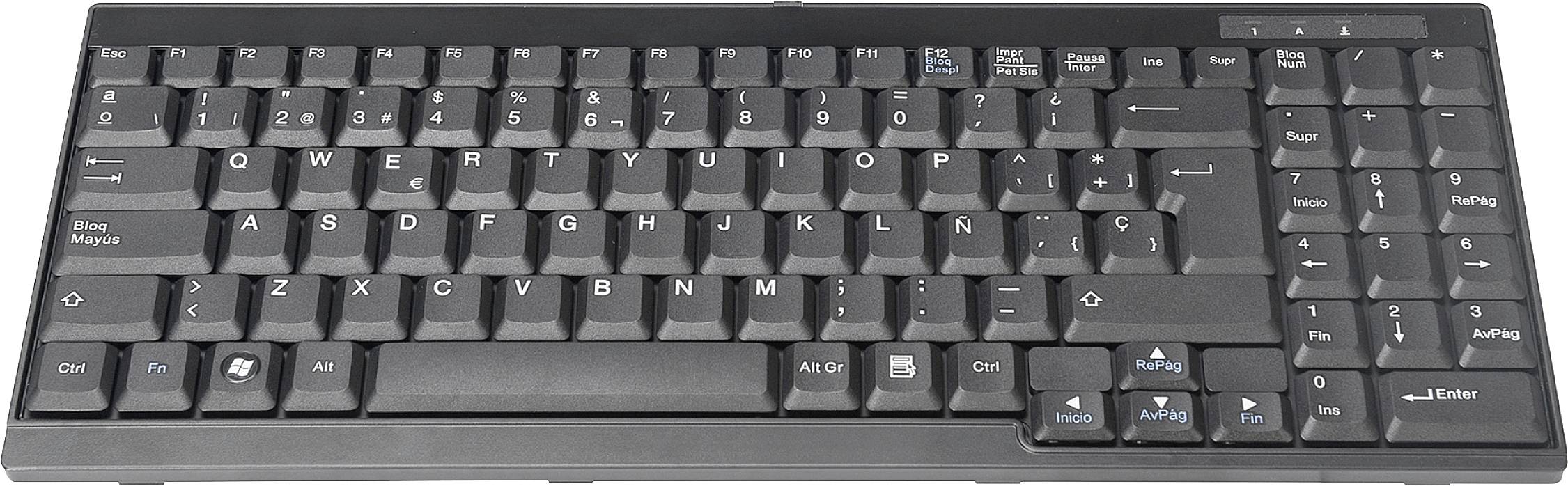 Eine schwarze PC-Tastatur mit vollständigem QWERTY-Layout und Ziffernblock rechts. Tasten für Steuerung und Funktion sind vorhanden.