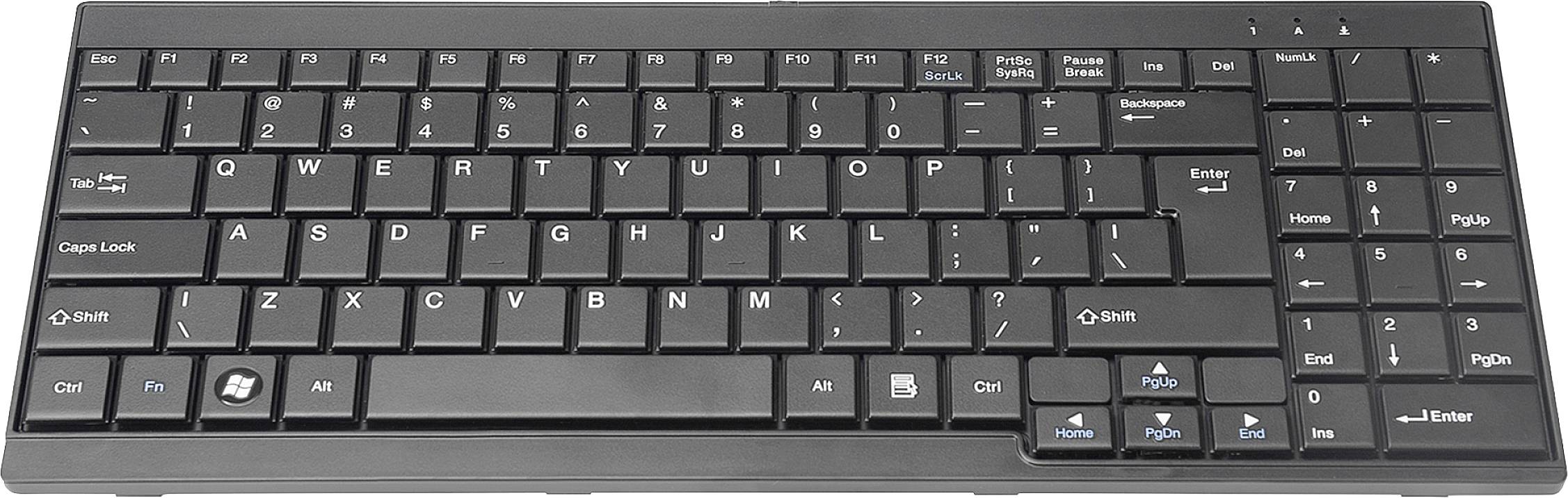 Schwarze QWERTZ-Tastatur mit deutschem Layout, einschließlich Ziffernblock und Funktionstasten.