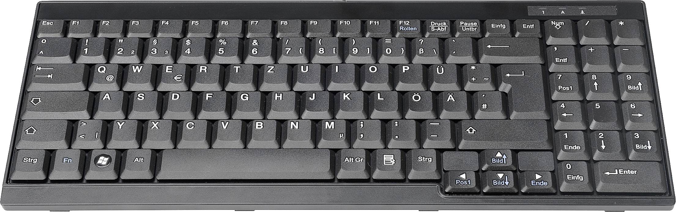 Eine schwarze Computertastatur mit deutschem QWERTZ-Layout, Funktionstasten oben und einem Nummernblock rechts.