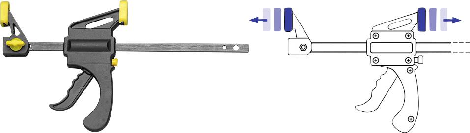 Zwei Schnellspannzwingen, links in Farbe mit gelbem Schalter, rechts als schematische Zeichnung. Hauptmerkmale und Bedienung dargestellt.
