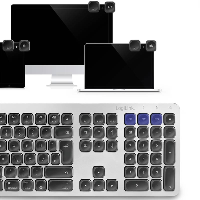 LogiLink ID0206 Bluetooth® Tastatur Deutsch, QWERTZ Silber Easy Switch 3 Geräte