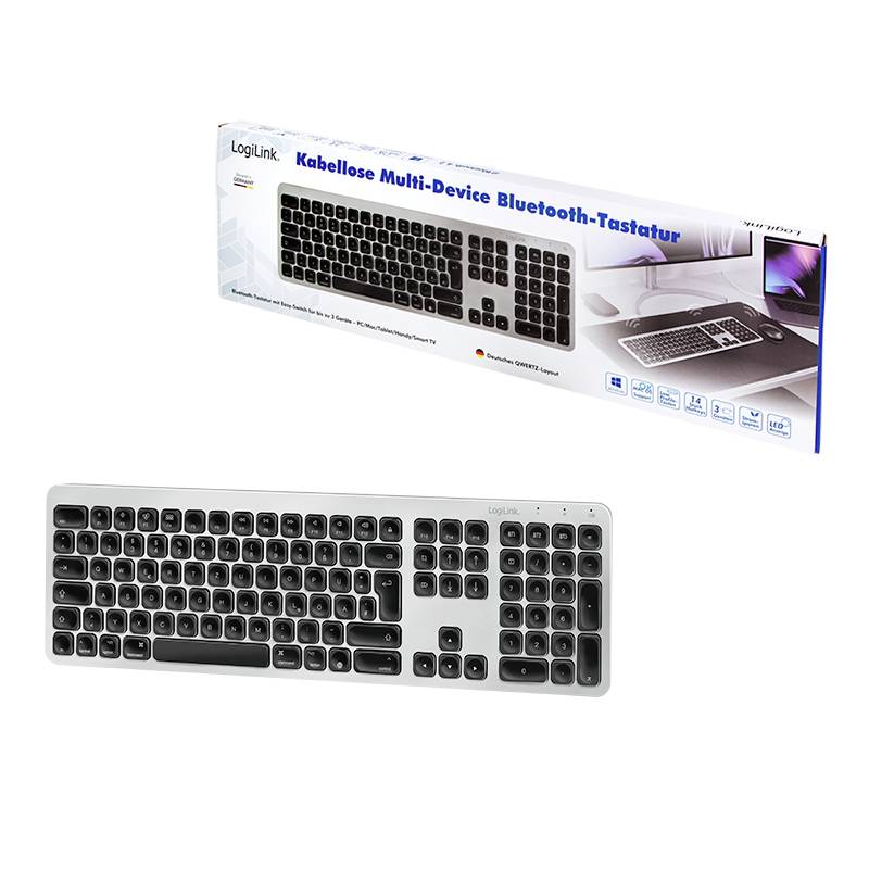 LogiLink ID0206 Bluetooth® Tastatur Deutsch, QWERTZ Silber Easy Switch 3 Geräte