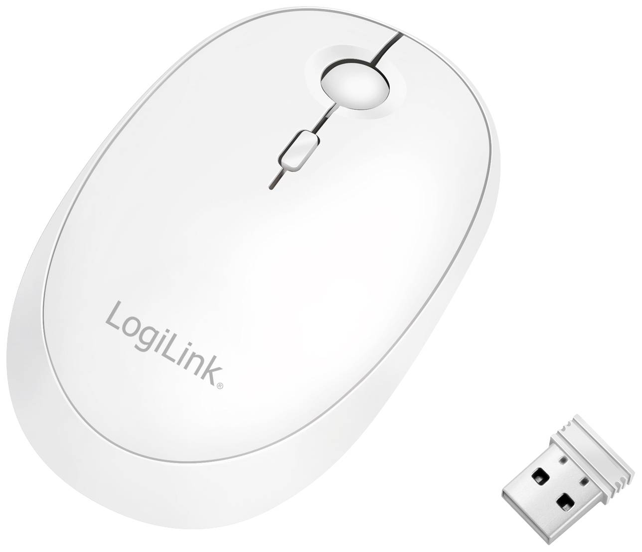 Weiße kabellose Maus mit Scrollrad und USB-Empfänger, Marke 'LogiLink'.