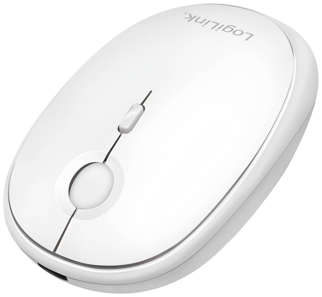 Weiße, kabellose Computermaus mit zwei Tasten und einem Scrollrad in der Mitte, geeignet für den mobilen Einsatz.