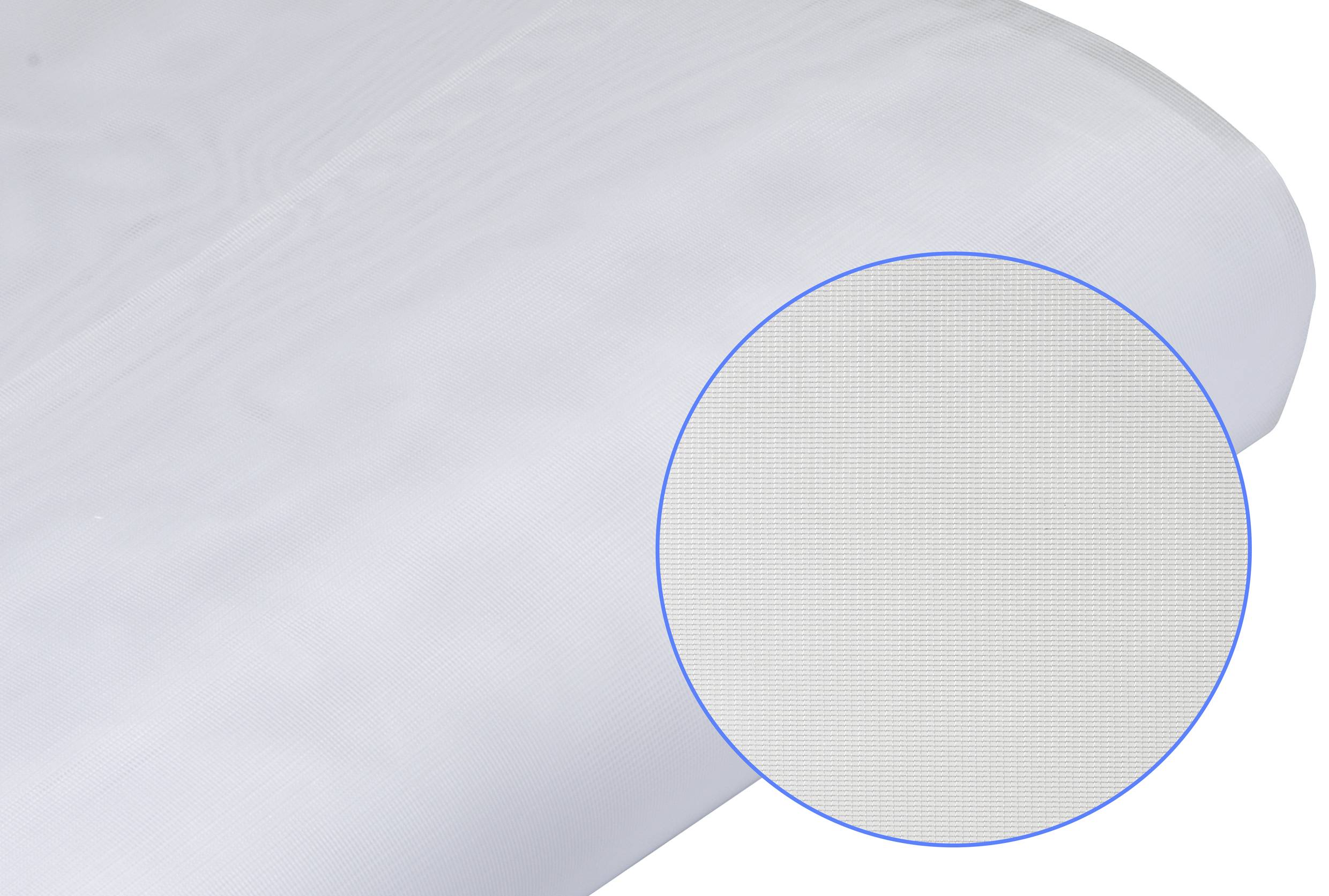 Eine weiße, texturierte Folie liegt flach ausgerollt. Ein vergrößertes Detail zeigt das feine Rastermuster des Materials.