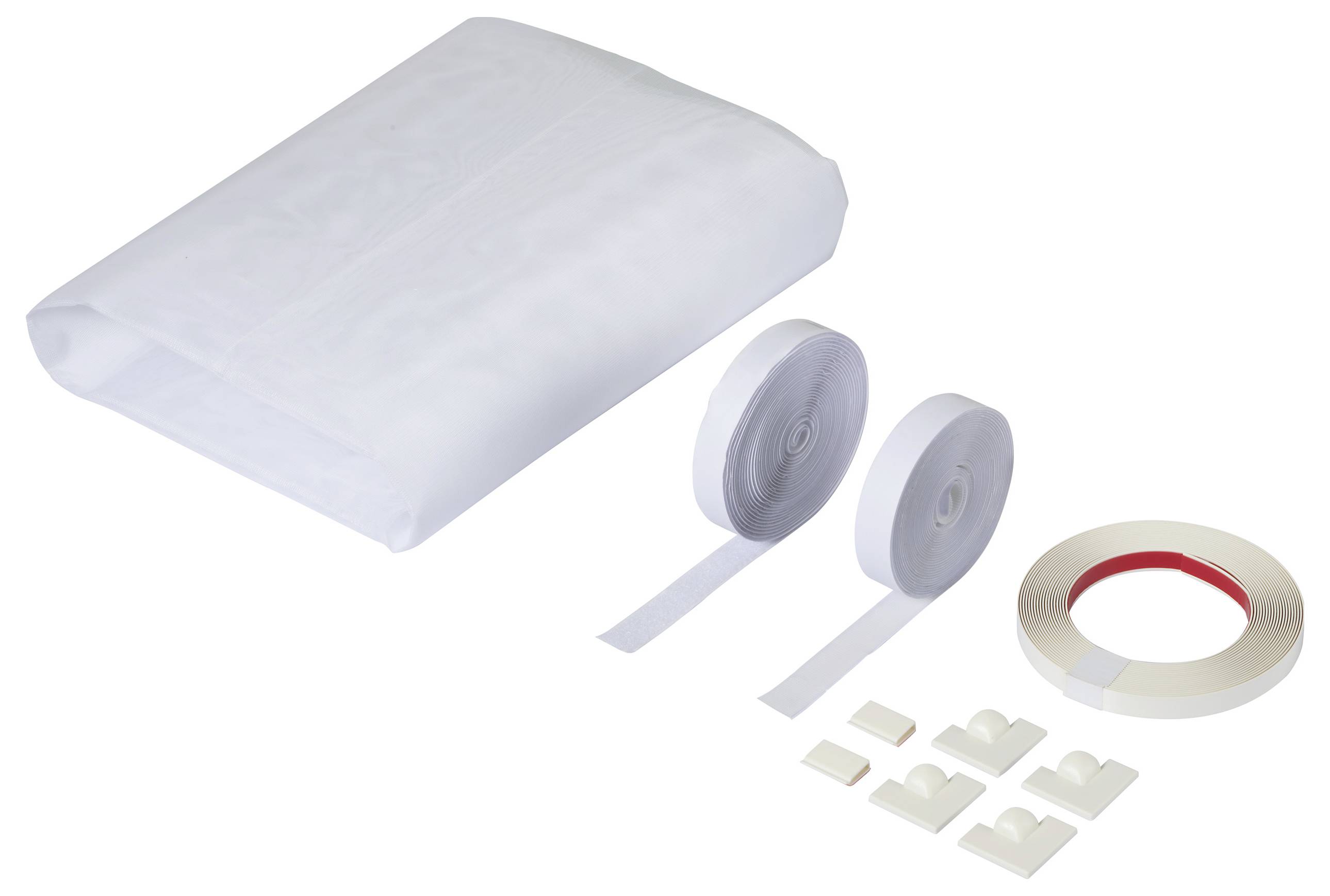 Eine weiße Fenstervliesfolie mit zwei Klettbändern, einem Dichtungsband und Befestigungsclips, geeignet zur Abdichtung von Fenstern.