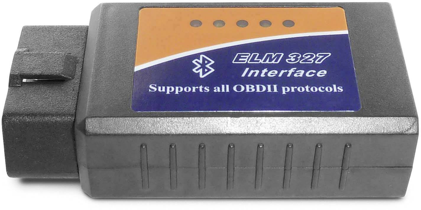 Ein OBD-II-Diagnosegerät mit der Aufschrift 'ELM 327 Interface', unterstützt alle OBD-II-Protokolle, Bluetooth-fähig.