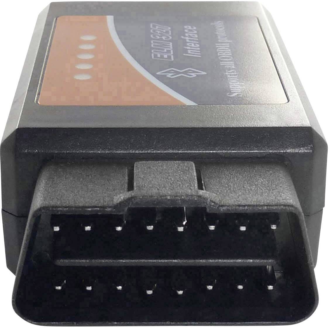 OBD-II-Diagnosegerät mit 16-poligem Stecker und orangefarbenem Etikett. Wird zur Fahrzeugdiagnose verwendet, meist mit Software verbunden.