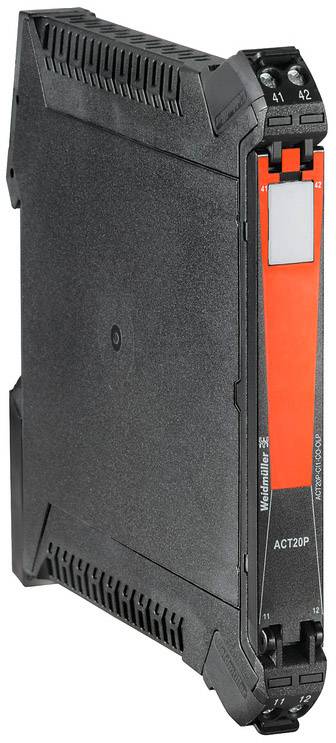 Schwarzes elektronisches Gerät mit rotem Streifen, markiert als 'Weidmüller ACT20P'. Kompakte Bauform, für industrielle Anwendungen.