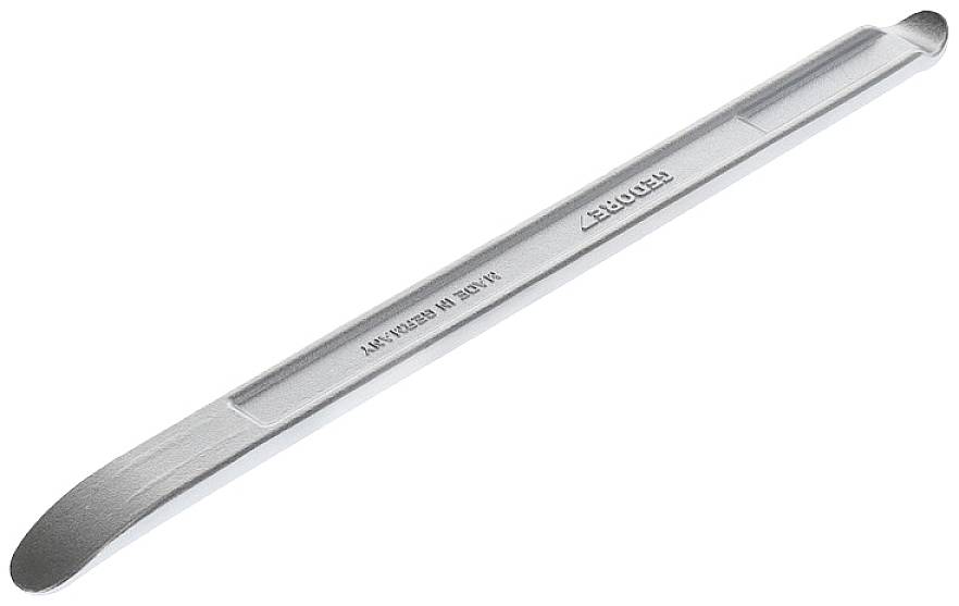 Ein silberfarbener Montierhebel aus Metall, lang und flach, mit einer leicht gebogenen Spitze zum Reifenwechsel.