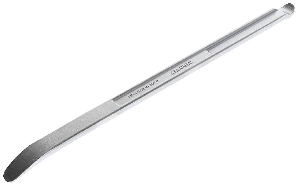 Ein langer, silberner Reifenmontierhebel aus Metall, verwendet zum Hebeln von Reifen auf oder von Felgen.