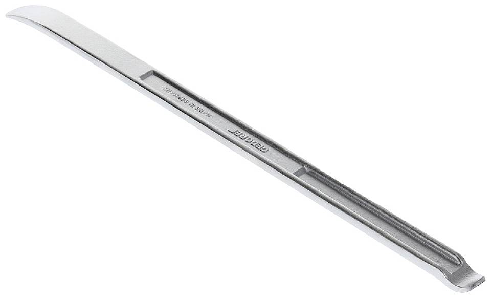 Ein silbernes Schuhanzieher-Werkzeug aus Metall mit einer leicht gebogenen Form für bequemes Anziehen von Schuhen.