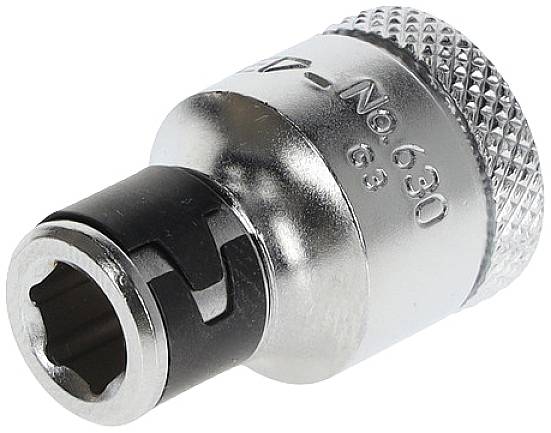 Metallischer Steckschlüsseladapter mit sechseckiger Öffnung, verwendet zur Verbindung verschiedener Schraubendrehereinsätze.