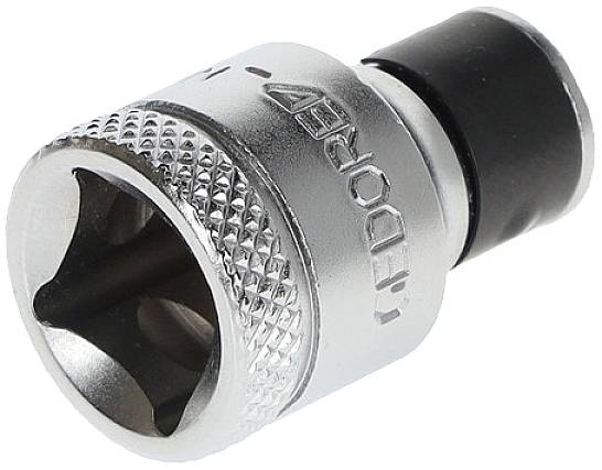 Metallsteckschlüsselaufsatz mit vierkantigem Profil und geriffelter Oberfläche, geeignet für mechanische Arbeiten.