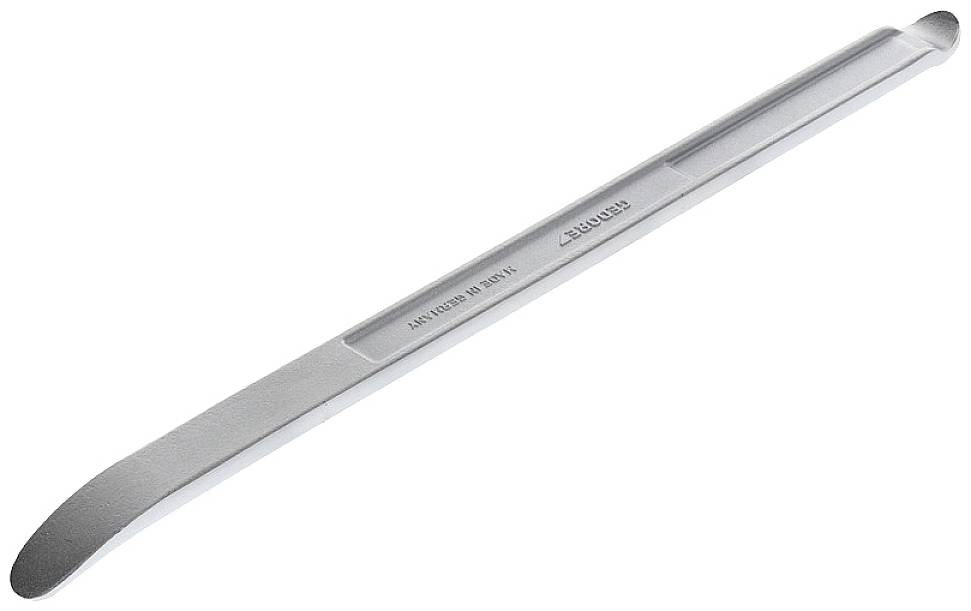 Ein silberner Reifenheber aus Metall mit der Aufschrift 'ANTICURL 180 MM'. Verwendet zum Entfernen von Fahrradreifen.