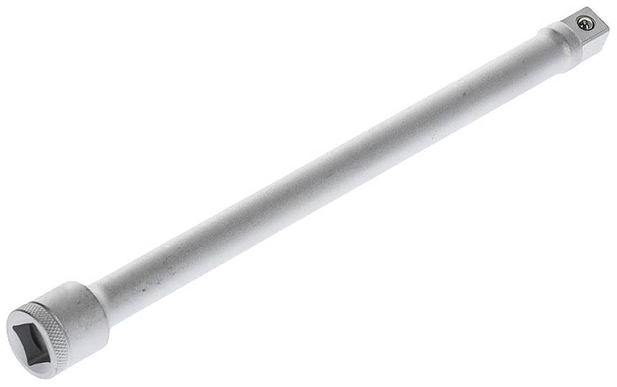 Eine lange silberne Steckschlüssel-Verlängerung mit quadratischem Antrieb, geeignet für den Einsatz mit Ratschen oder Schraubenschlüsseln.