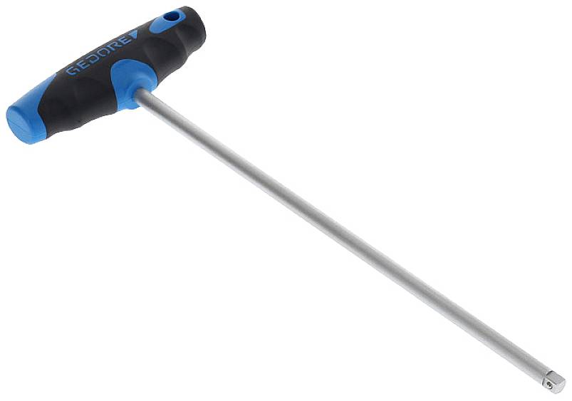 L-förmiger Schraubendreher mit blau-schwarzem Griff; langer Metallstift endet in einem Sechskantkopf.