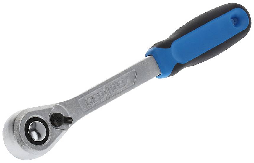 Eine metallene Ratsche mit blau-schwarzem Griff, geeignet für mechanische Arbeiten.