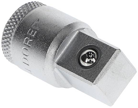 Ein silberner Werkzeugadapter mit Rändelung und einem Vierkantaufsatz aus Metall.