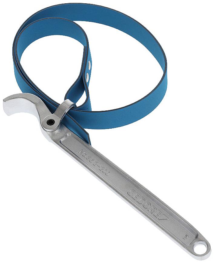 Rohrbandschlüssel mit blauer Gurtband, geeignet zum Lösen von runden Objekten wie Rohrverschraubungen oder Ölfiltern.