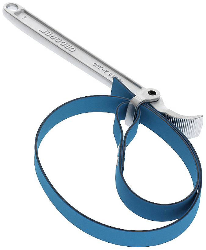 Metallener Bandschlüssel mit blauem Band, verwendet zum Lösen von öl- oder filterähnlichen Objekten.