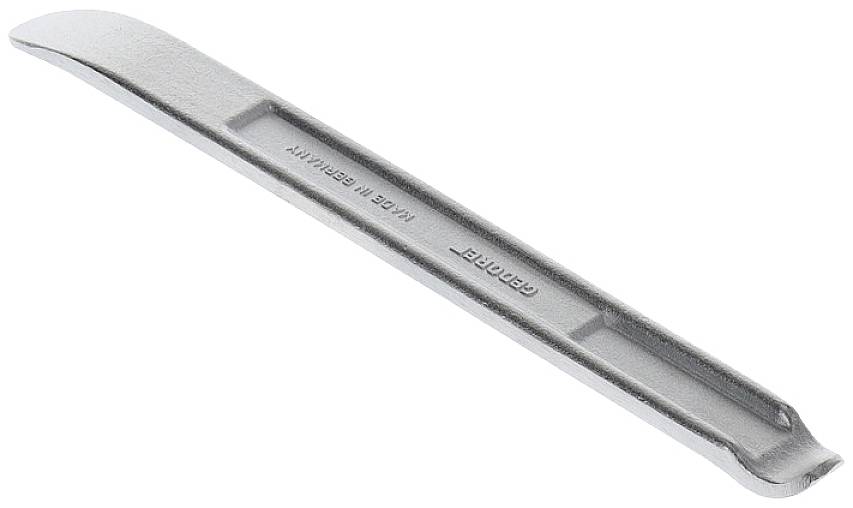 Ein silberner Reifenheber aus Metall mit der Aufschrift 'Made in Germany' auf der Seite, wird zur Entfernung von Fahrradreifen verwendet.