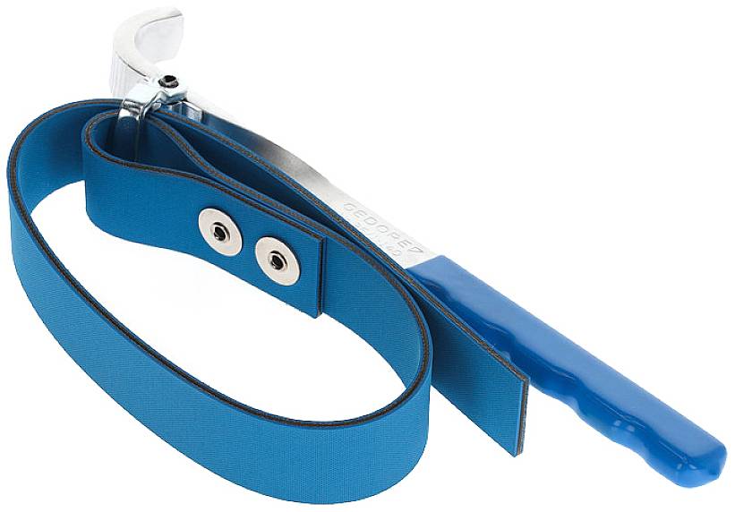 Blauer Gurtrohrschlüssel mit langem Griff und Metallschlaufe, verwendet zum Lösen oder Festziehen von Rohren in der Sanitärarbeit.