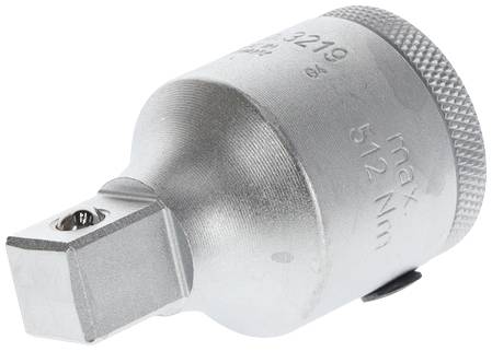 Metalladapter für Steckschlüssel mit quadratischer Aufnahme und Rändelgriff, max. 512 Nm Belastung.