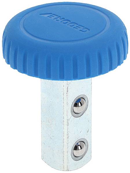 Metallschraube mit blauem Kunststoffkopf und zwei sichtbaren Schrauben an der Seite.