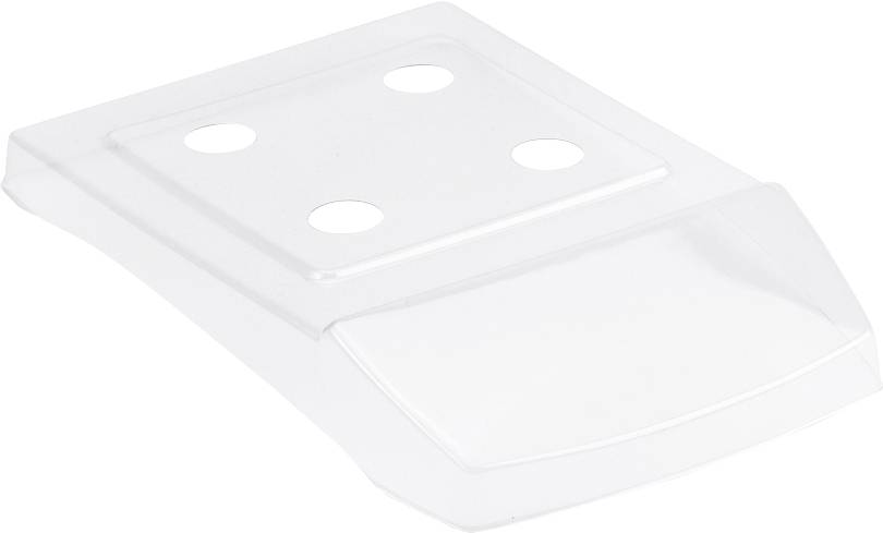 Durchsichtige Kunststoffhalterung mit vier runden Löchern, geeignet zur stabilen Befestigung an einer flachen Oberfläche.