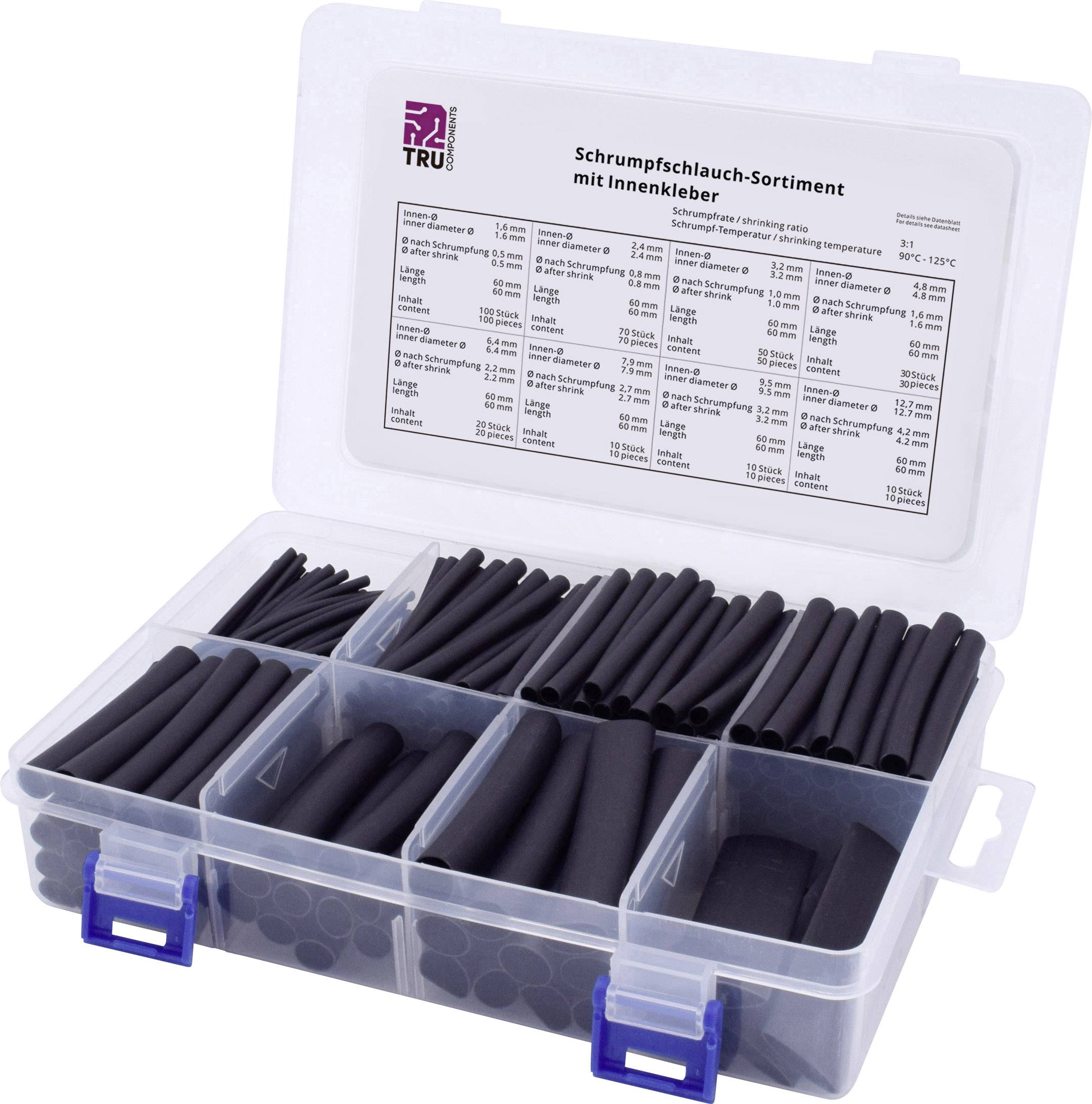Sortimentsbox mit Schrumpfschläuchen, sortiert nach Größe. Geöffneter Deckel zeigt Größenliste. Verwendung: Isolation von Kabeln.