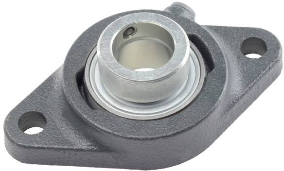 Gehäuseeinheit mit Kugellager in Metallfassung, zwei Montagelöcher seitlich, geeignet zur Befestigung von rotierenden Wellen.