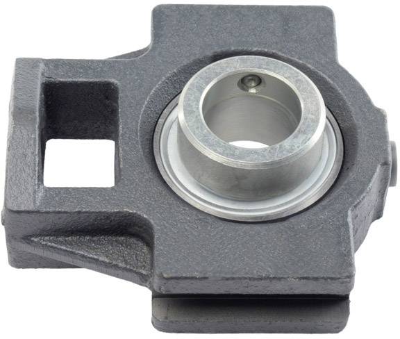 Graues Metalllagergehäuse mit rundem Innenlager und quadratischer Öffnung links, zum Befestigen und Stabilisieren von Wellen.