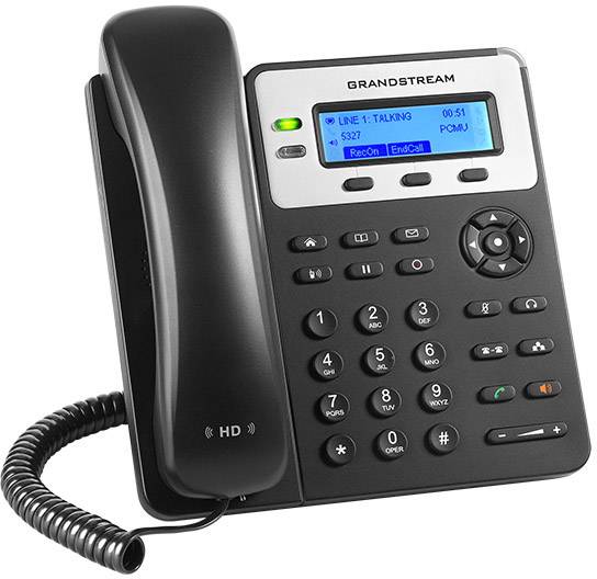 Ein schwarzes Festnetztelefon mit Display und Tastenfeld, zeigt Anrufdetails an. Das Display zeigt angerufenes und anrufendes Nummern.