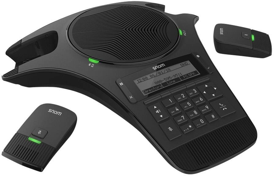 Telefonkonferenzsystem mit abnehmbaren Mikrofonen, schwarzes Design, beleuchtetes Display und Tastenfeld.