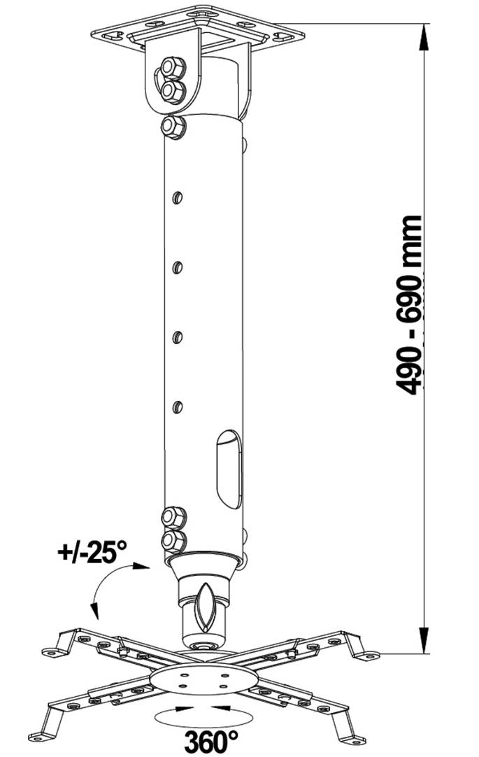 Diagramm einer verstellbaren Deckenhalterung für Projektoren mit einer Länge von 490 bis 690 mm und Neigung von +/- 25 Grad.