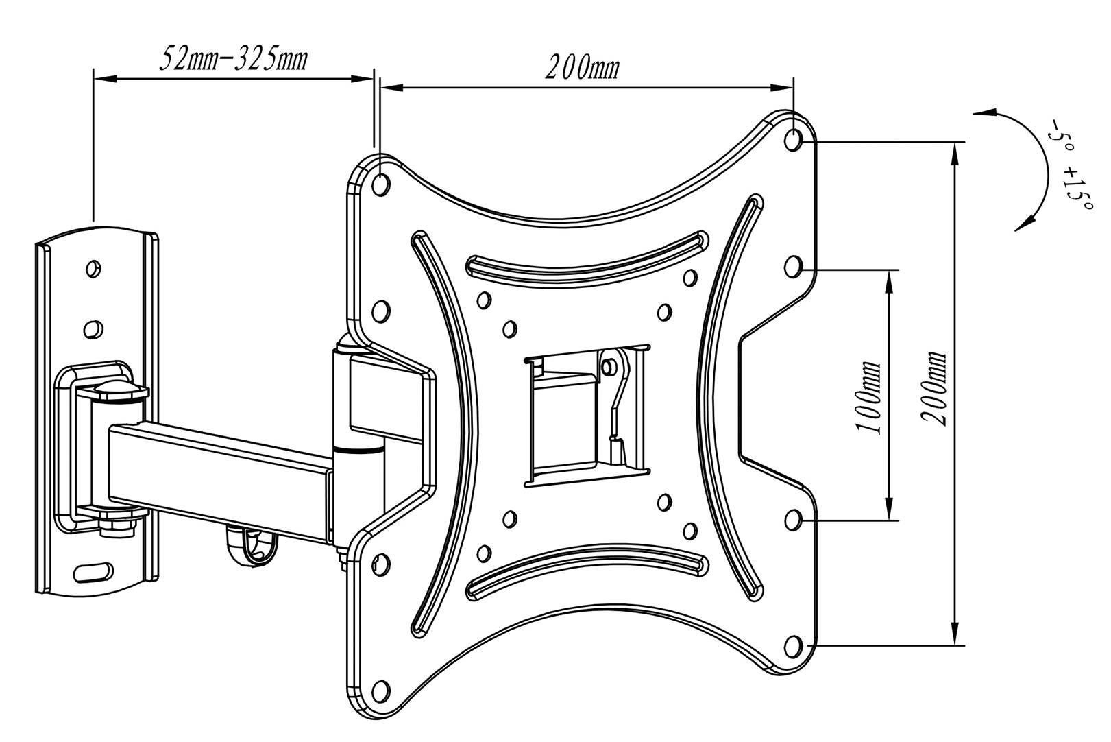 Abbildung einer verstellbaren Wandhalterung für Fernseher. Maße: 200x200mm, 52-325mm Tiefe, +/- 15° Neigung. Geeignet für kleine bis mittelgroße Bildschirme.