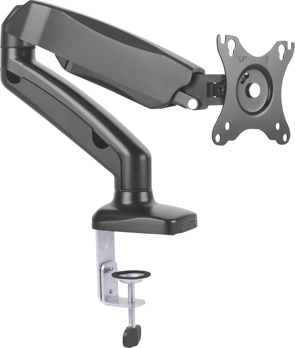 Schwarzer Monitorarm mit Tischklemme, VESA-Halterung, ermöglicht flexible Ausrichtung und Platzersparnis auf dem Schreibtisch.