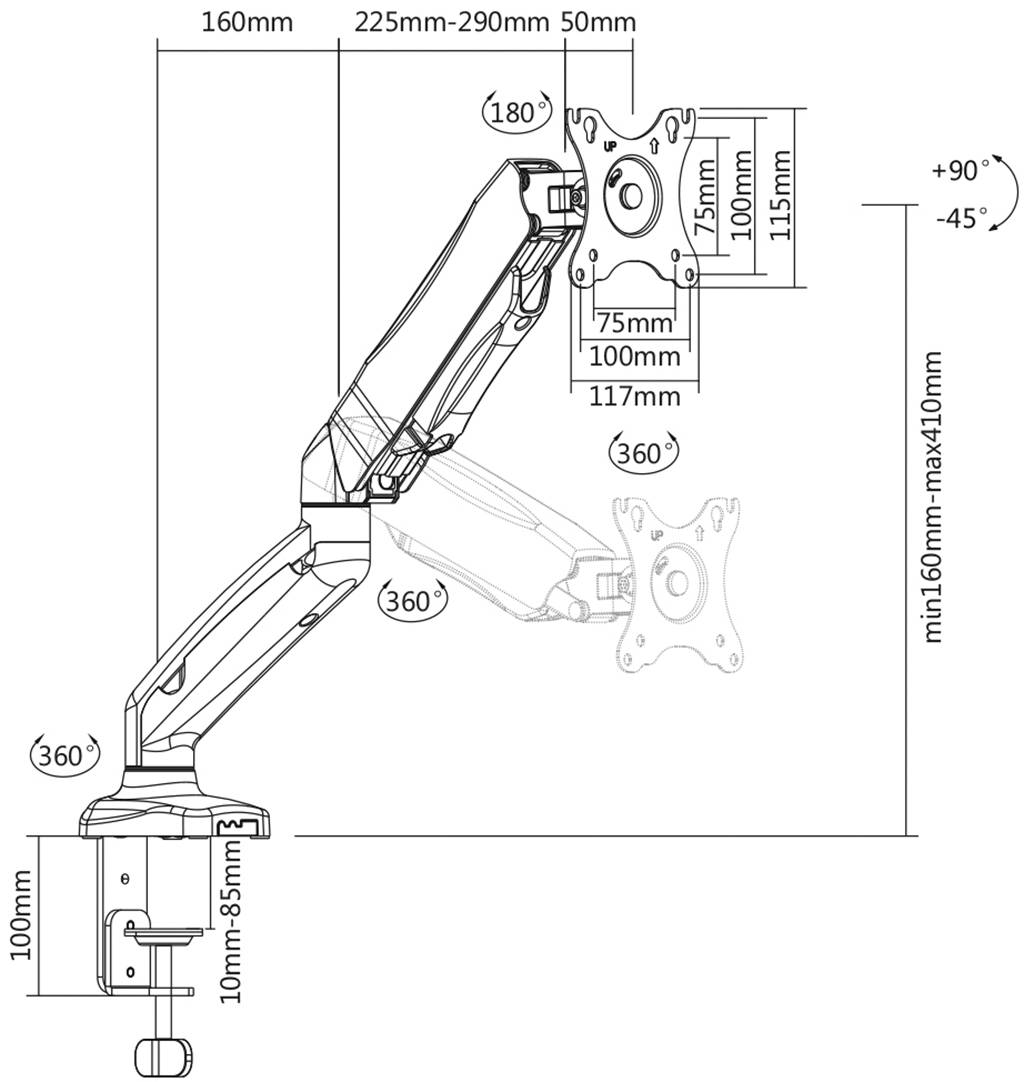 Ein verstellbarer Monitorarm mit Maßeinheiten: 160mm-410mm Höhe, 225mm-290mm Tiefe. Zeigt Rotations- und Neigungswinkel von ±90° und +90°/-45°.