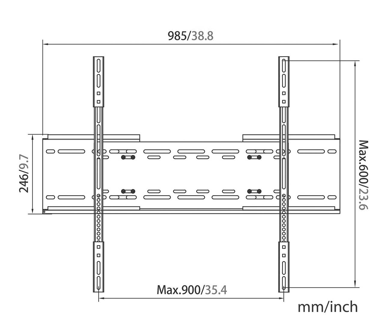 Technische Zeichnung zeigt eine Halterung mit den Maßen: Breite 985 mm, Höhe 246 mm. Maximal verstellbare Höhe 600 mm, Breite 900 mm. Maße in mm und Zoll.
