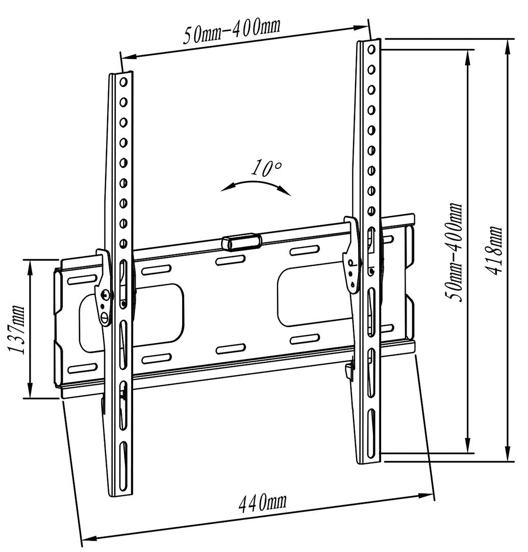 Wandhalterung für TV-Geräte, verstellbar von 50mm bis 400mm Breite, maximal 418mm Höhe, Neigung um 10 Grad möglich.