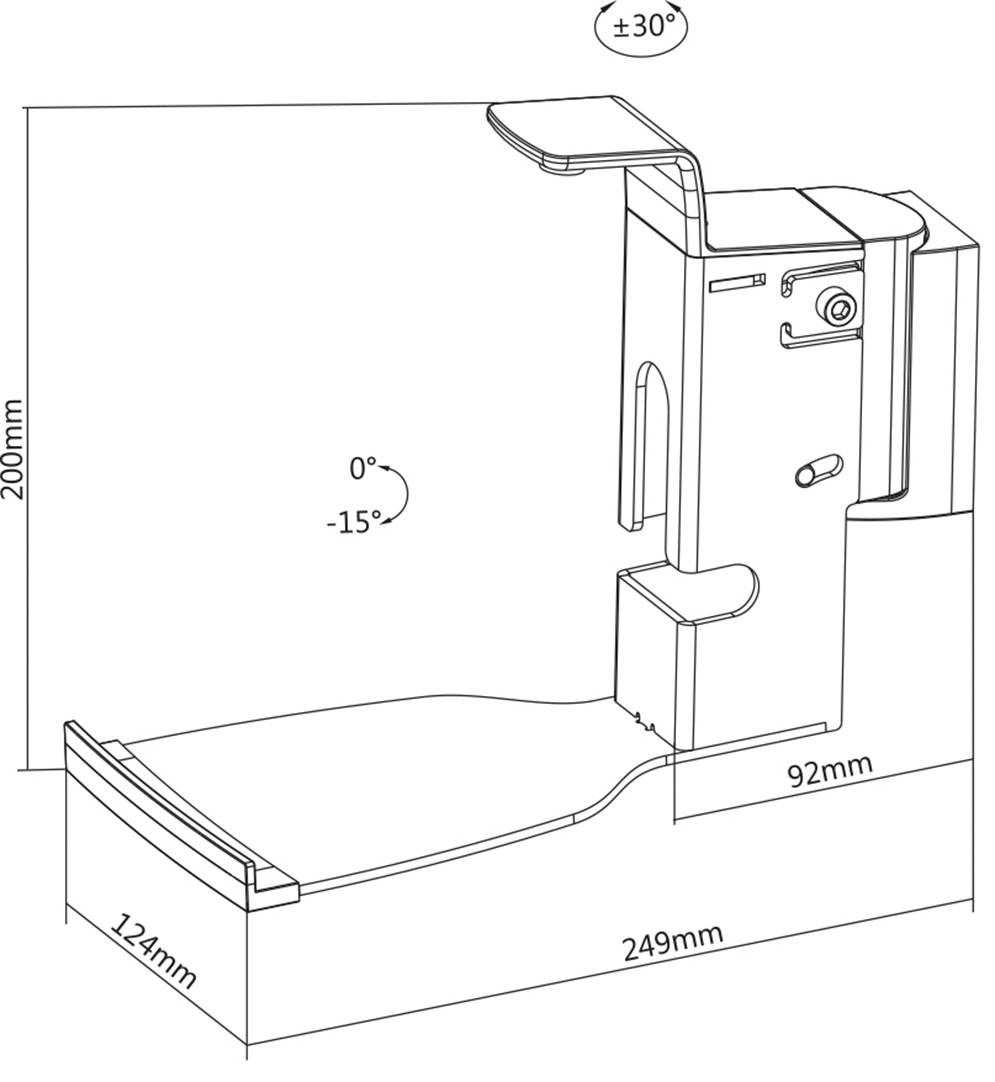 Technische Zeichnung eines Seifenspenders mit Maßen: Höhe 200 mm, Breite 92 mm, Tiefe 249 mm. Neigungswinkel verstellbar von 0° bis 30°.