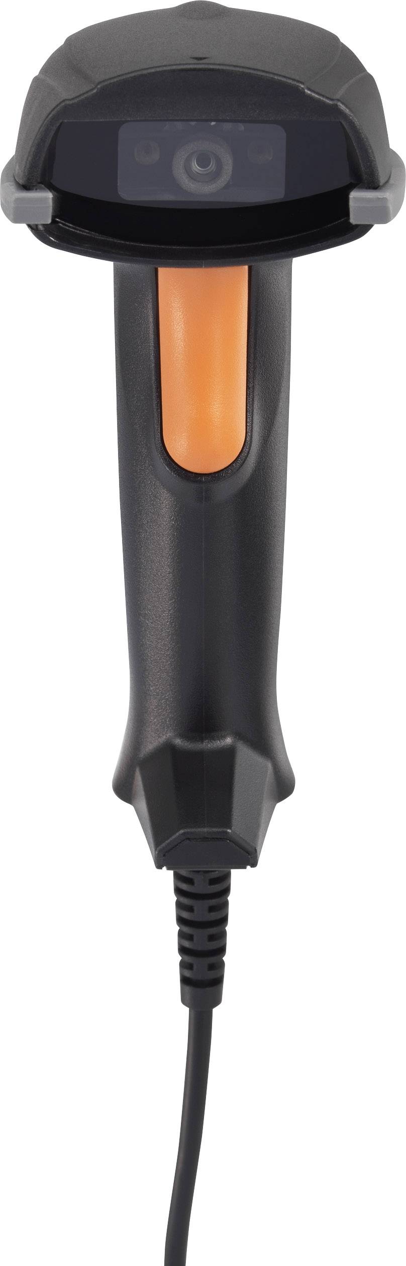 Ein Handscanner in Schwarz und Orange, der für das Scannen von Barcodes verwendet wird. Das Kabel ragt aus dem unteren Ende heraus.